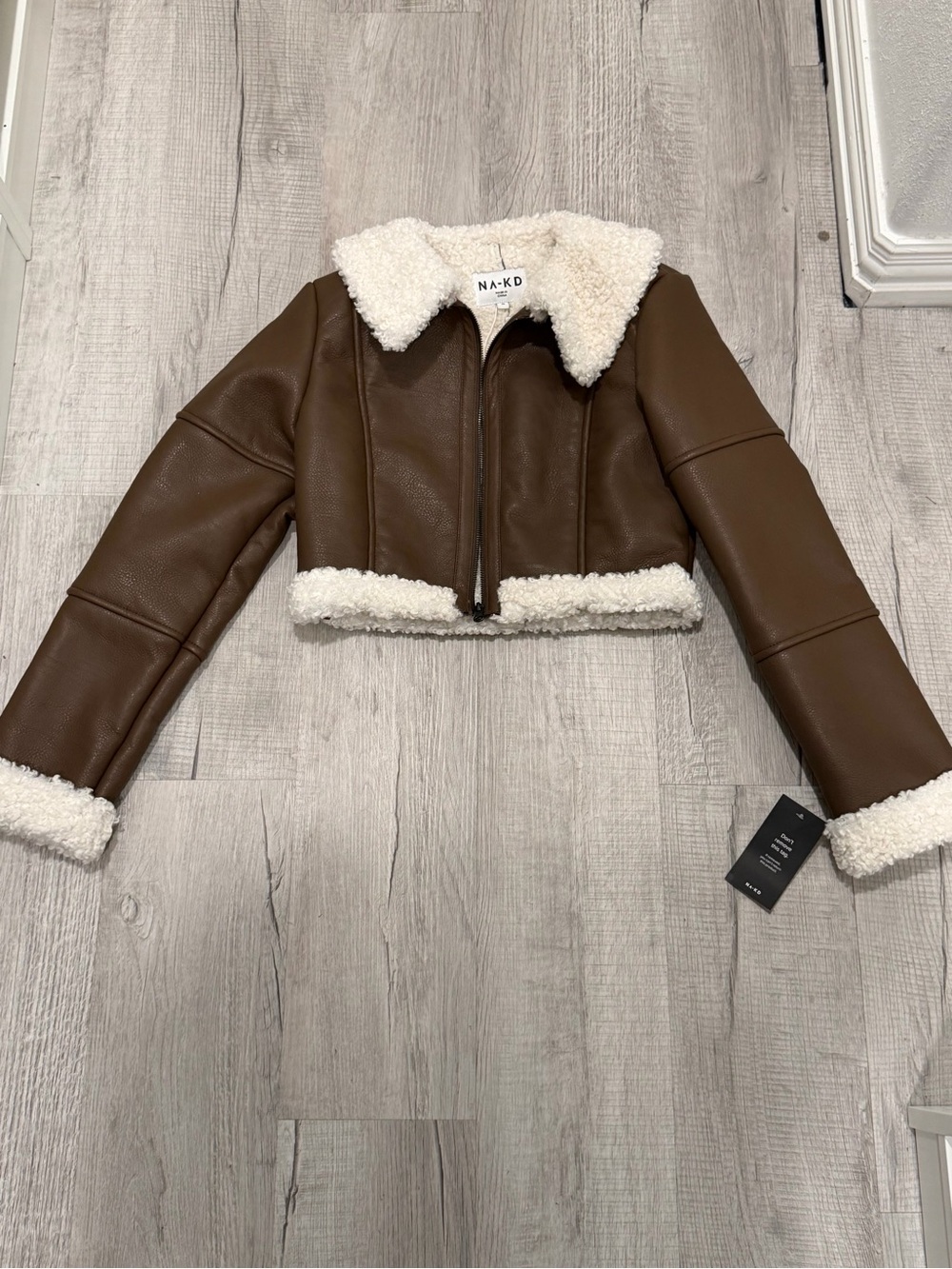 NA-KD Brown Faux Leather Teddy Trim Cropped Jacket